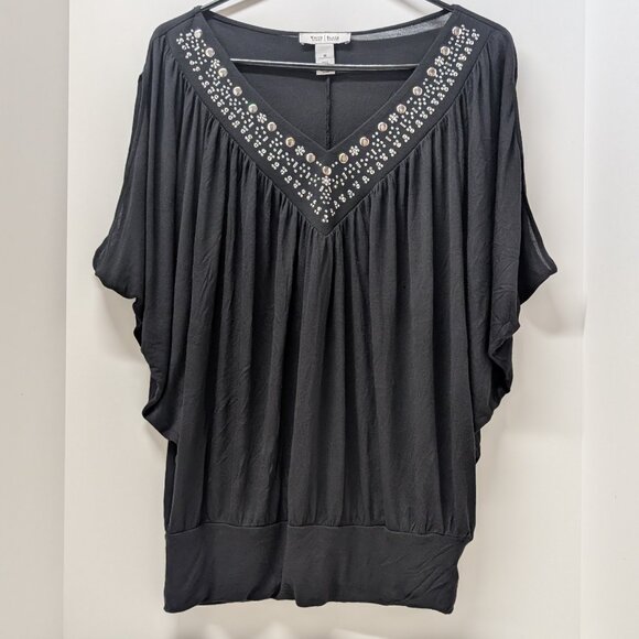 WHBM Embellished V-Neck Sleeveless Batwing Draped Blouse in Black & Silver - Picture 1 of 11
